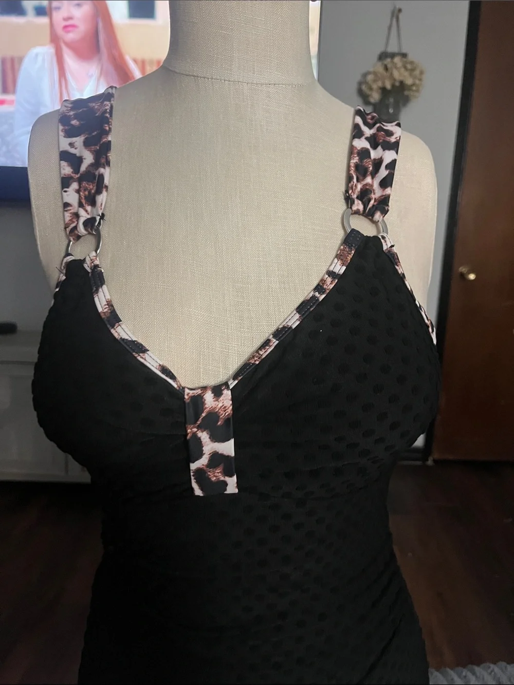 Black Textured One-Piece Swimsuit with Leopard-Trim Accents